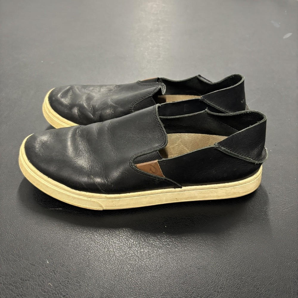 Olukai Pehuea Women's Black Slip On Leather Loafer Drop-In‎ Heel US Size 6.5
